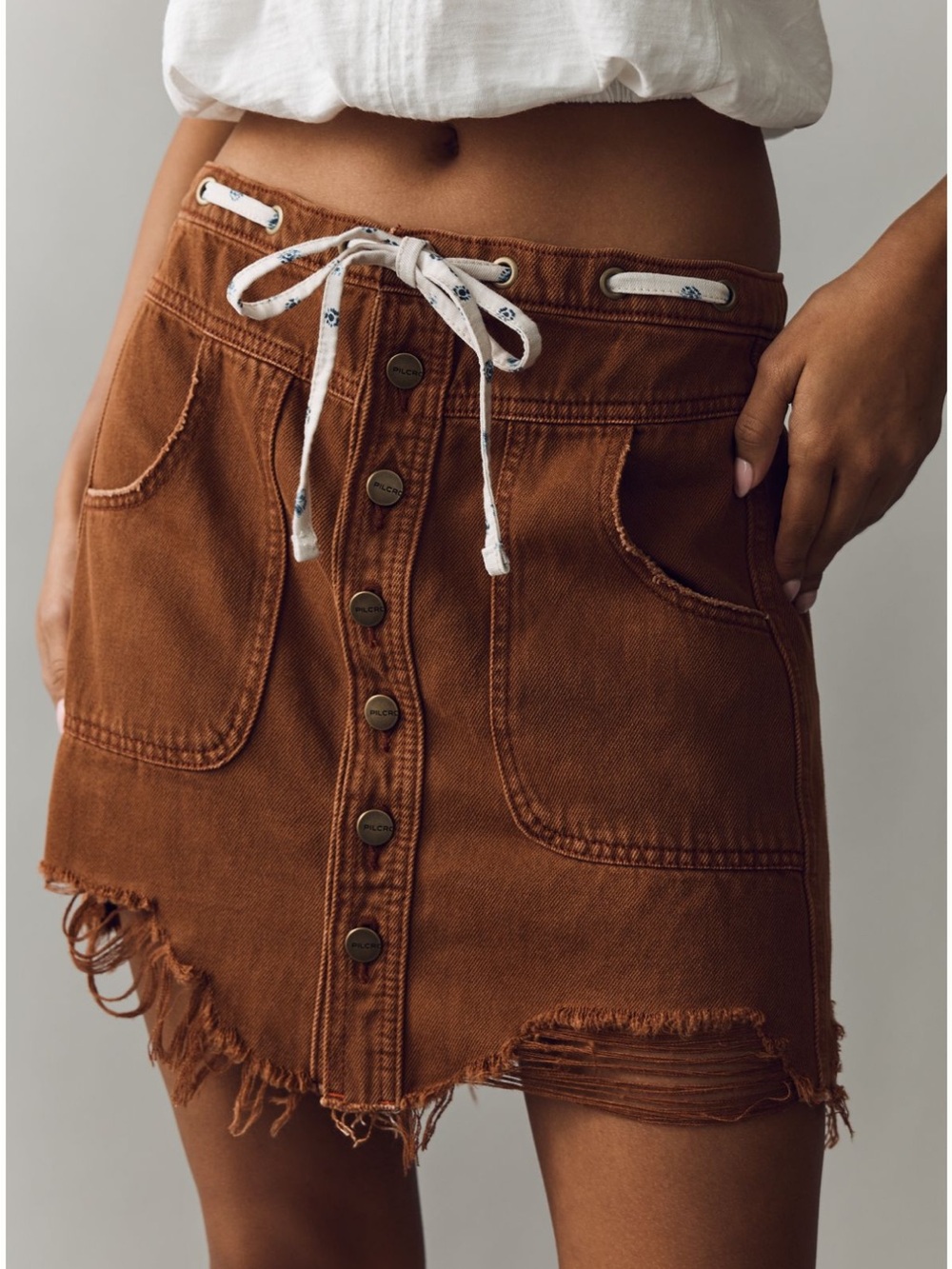 NWT! Anthropologie Pilcro Brown Drawstring Denim Mini Skirt XL